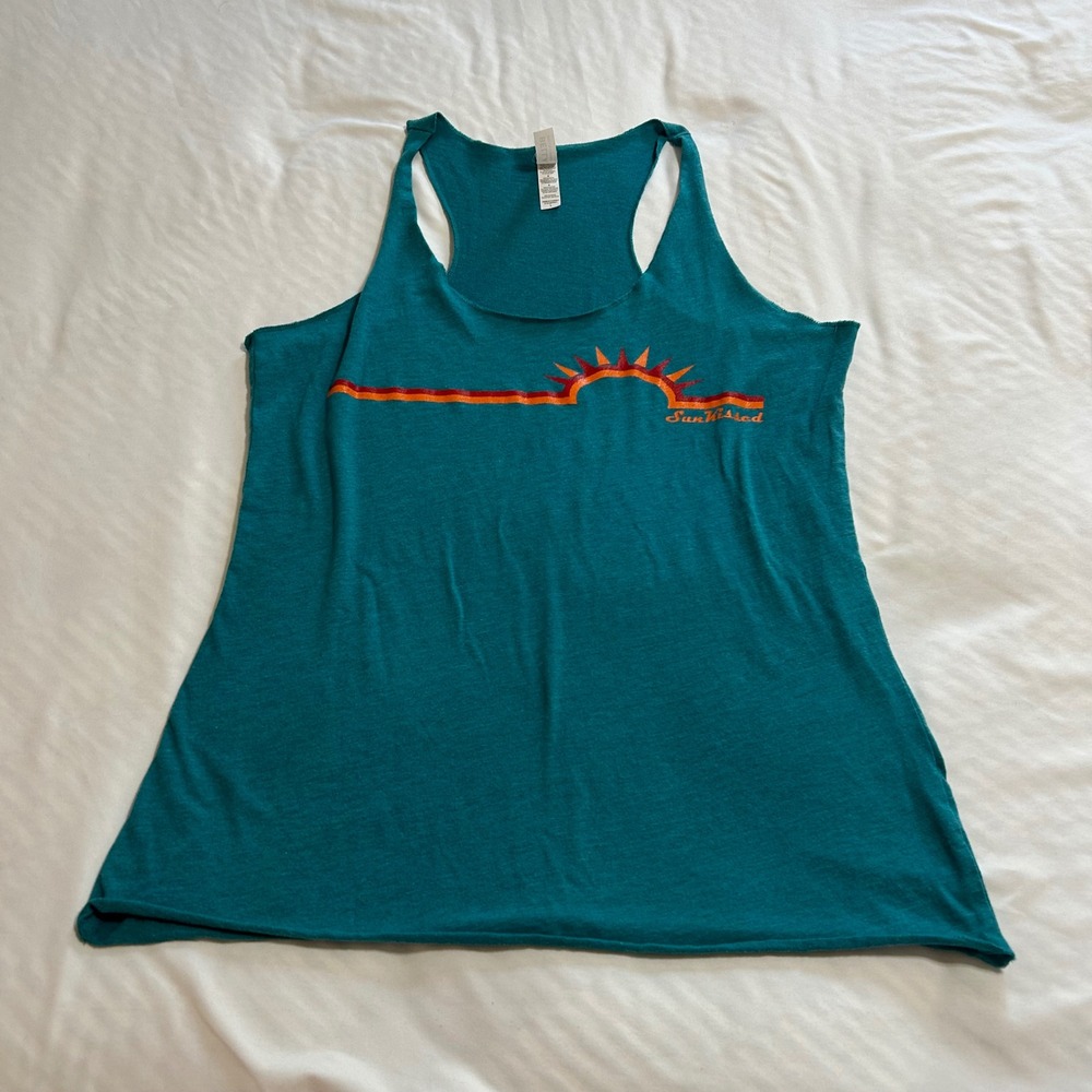 Bella + Canvas Womens Teal SunKissed Graphic Racerback Tank Top Size L Retro Sun